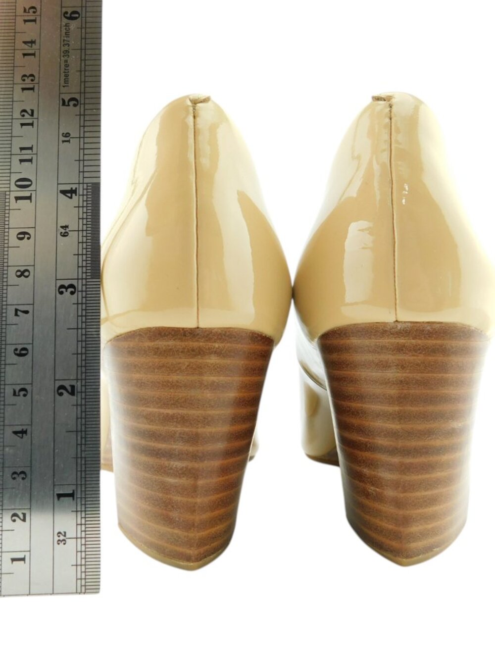 New COLE HAAN Beige Nude Patent Leather Peep Toe Wedge Heel Pumps Shoes 7.5 - Picture 6 of 7